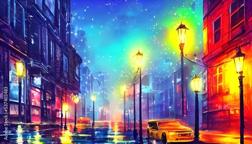 The city street is a calm oasis in the middle of the bustling metropolis. The colorful lights from the streetlamps reflect off of the pavement, creating a serene atmosphere. photo