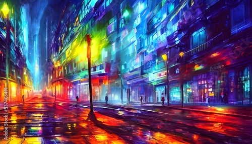 The city street is calm and the colors are bright. The lights shining off of the pavement create a calming effect.