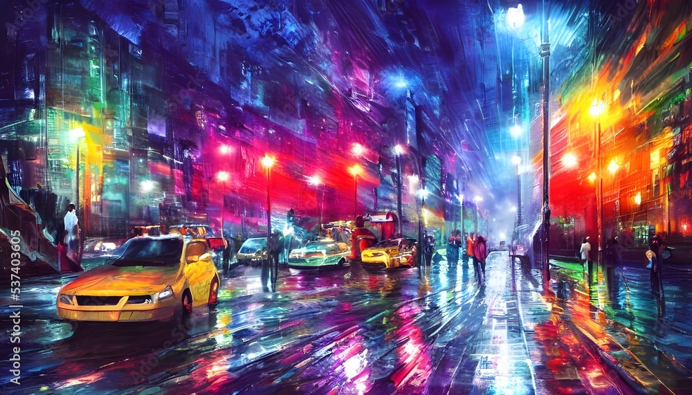 The city street is a calm oasis in the middle of the hustle and bustle of the metropolis. The colorful streetlights give off an eerie glow, making the darkness seem not so threatening.
