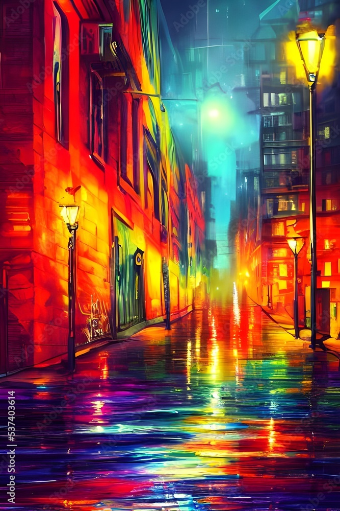 Naklejka premium On a typical city street at night, the peaceful atmosphere is interrupted by the bright colors of advertisements and flashing lights from cars.