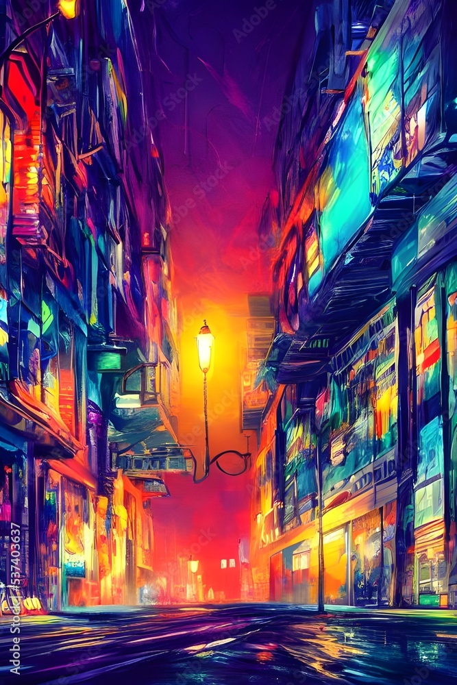 I see a city street at night. It's so colorful and calm. The streetlights are shining brightly and the stars are out.