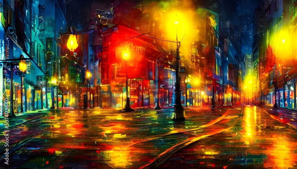The city street at night is calm, and the colorful streetlights add a beautiful touch.