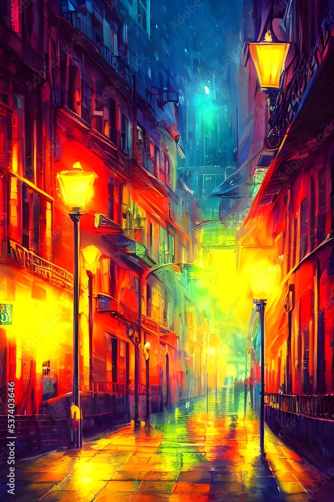 Naklejka premium The city street is calm and the streetlights are glowing brightly. The colors of the buildings and cars are all muted in the dark night.