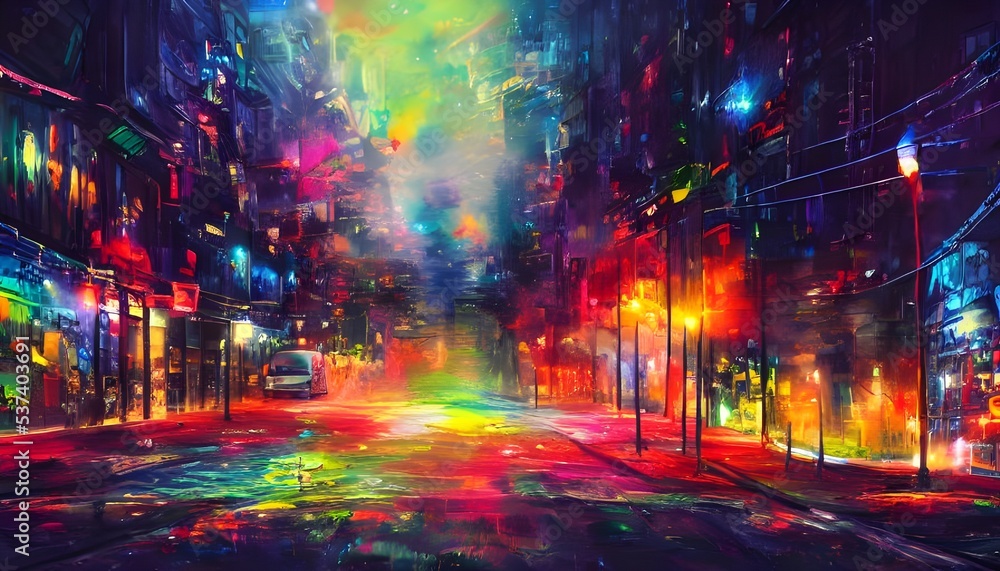 The city street is calm at night, and the colorful streetlights illuminate the way.