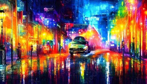 I'm walking down the city street at night and everything is so calm. The streetlights are shining bright and they cast a colorful glow on everything. © dreamyart