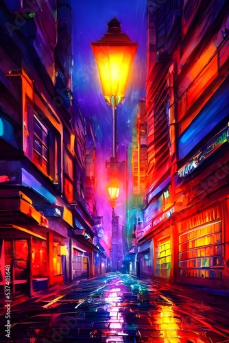 I'm walking down the street at night and the city is calm. The streetlights are shining brightly and the colors of the buildings are beautiful in the moonlight.