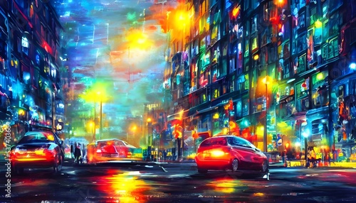 The city street is calm and the colors are bright. The night sky is clear and the stars are shining. The streetlights are illuminating the way. © dreamyart