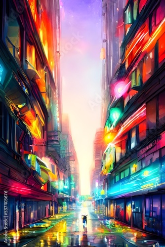 The city street is calm and the colorful streetlights make it beautiful at night. © dreamyart