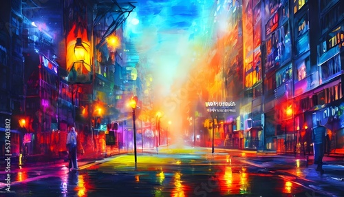 People are walking down the street at night. The streetlights cast a warm, yellow light that makes the pavement look like it's glowing. The air is cool and calm. © dreamyart
