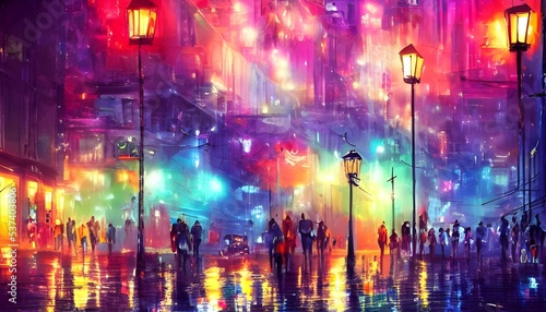 I am walking down the city street at night and the colorful calm streetlights make me feel safe. © dreamyart