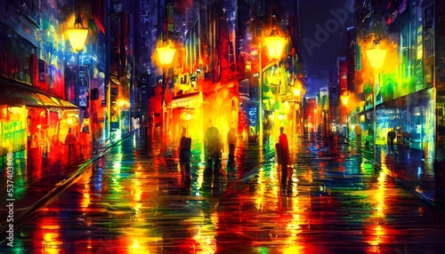 I am standing on a city street at night. The air is calm and the scene is colorful  lit up by the streetlights.