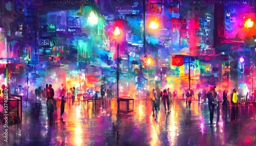 The city street at night is calm and colorful, with bright streetlights shining down.