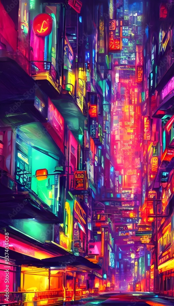 Fototapeta premium It's a city street at night and the neon lights are shining brightly in all colors.