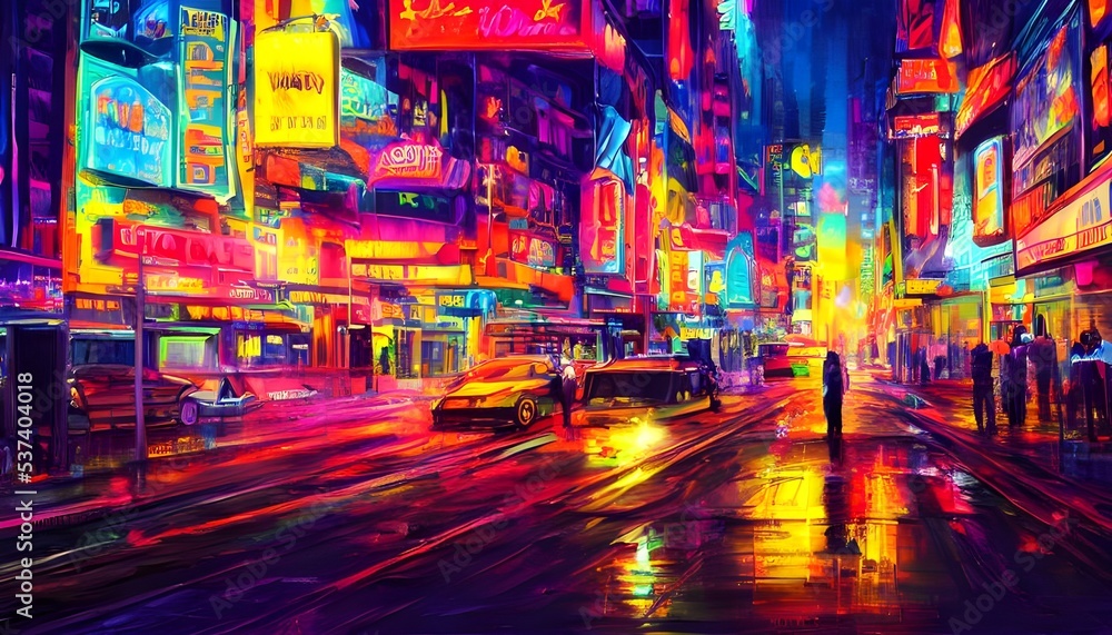 I am walking down the city street at night. The colorful neon lights are shining brightly and they make the whole street look very pretty.