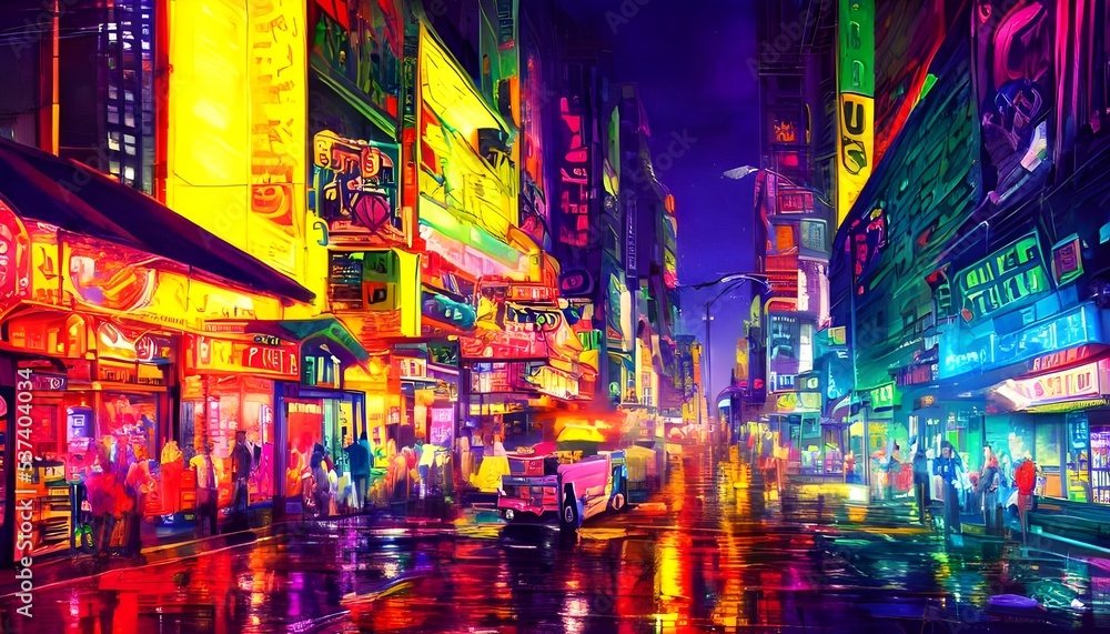 I'm standing on a city street at night. The air is thick with the smell of exhaust fumes and garbage. But despite that, the mood is electric. Neon signs in every color imaginable light up the darkness