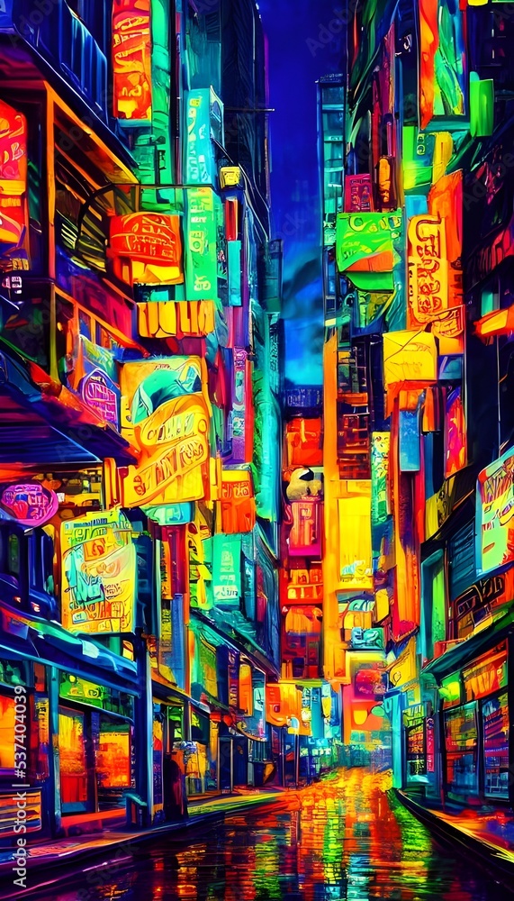 I'm standing in the middle of a city street at night. The air is alive with the sound of honking horns and distant laughter. Neon signs blink brightly in every color imaginable, reflecting onto the we