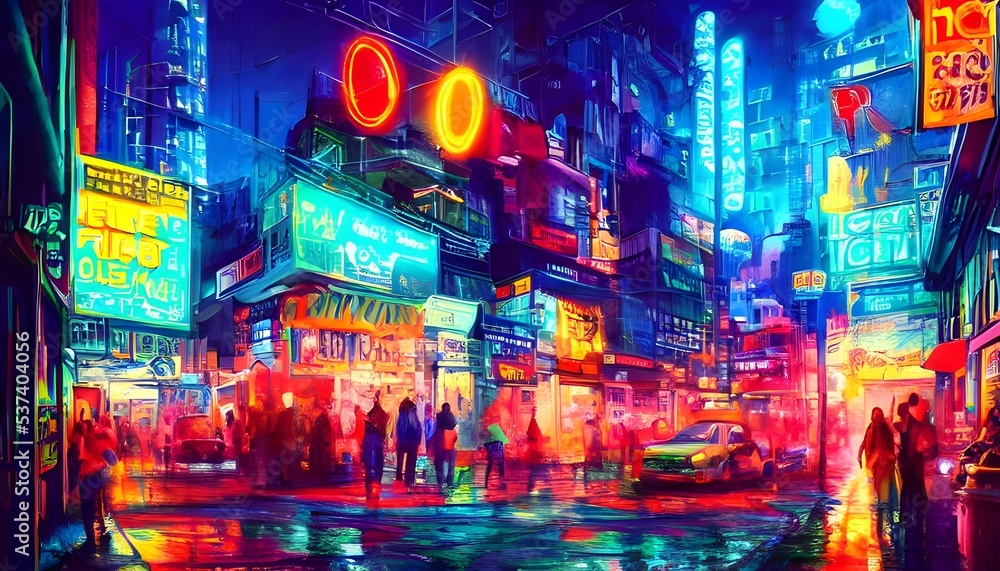 The city street is alive with colors at night. The neon signs are bright and eye-catching, and the people are out enjoying the lively atmosphere.