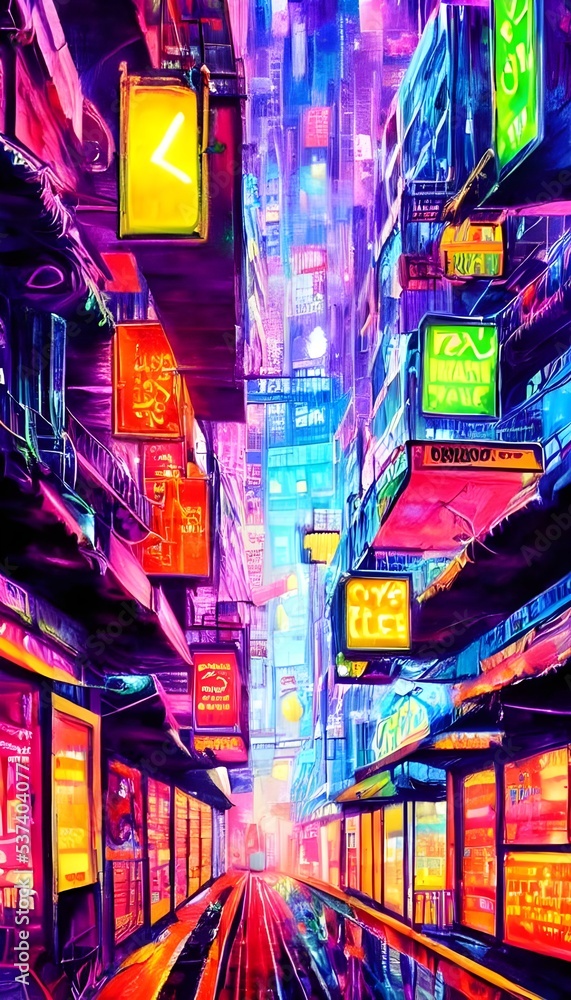 Fototapeta premium I'm walking down the city street at night and all around me are colorful neon lights. They're so bright that they almost hurt my eyes. I see people walking and driving by, but everything feels surreal
