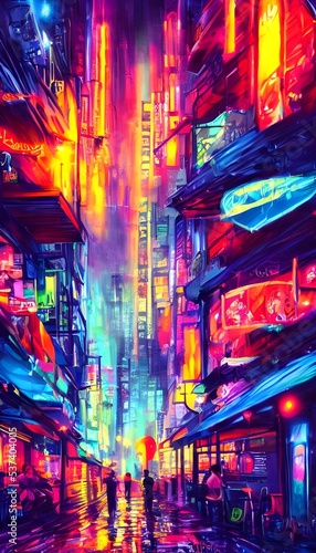 The city street night is full of colorful neon lights. They are so bright that they almost hurt my eyes.