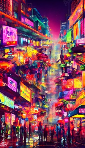 People are milling about on the city street at night. The buildings nearby cast a colorful glow from their neon lights. © dreamyart
