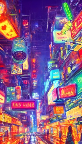 I'm walking down the city street at night and I see colorful neon lights.