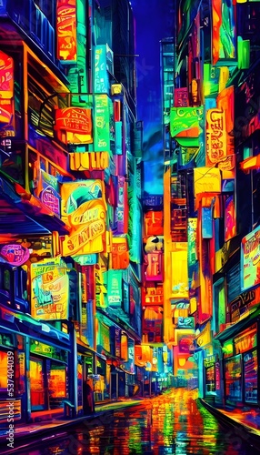 I'm standing in the middle of a city street at night. The air is alive with the sound of honking horns and distant laughter. Neon signs blink brightly in every color imaginable, reflecting onto the we © dreamyart