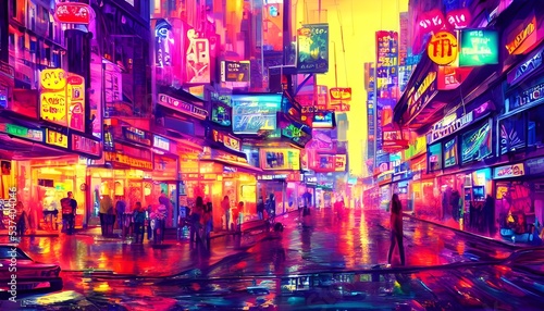 The city street is alive with colors from the neon lights. The bright lights reflect off of the wet pavement, creating a rainbow of colors. Cars zip by, leaving trails of light behind them.