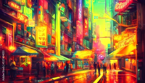 It's a city street at night and the neon signs are bright and colorful.