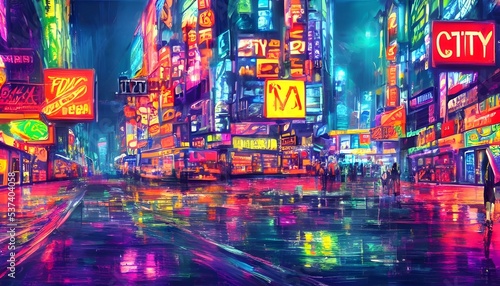 The city street is alive with color at night. The neon lights reflect off the wet pavement, creating a spectrum of light that dazzles the eye. © dreamyart