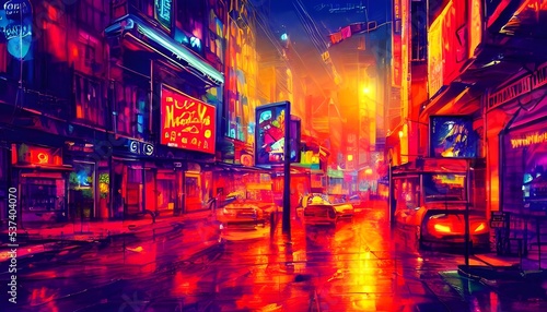 It's nighttime, and the city is alive with color. Neon lights in every hue illuminate the streets, creating an electric atmosphere. photo