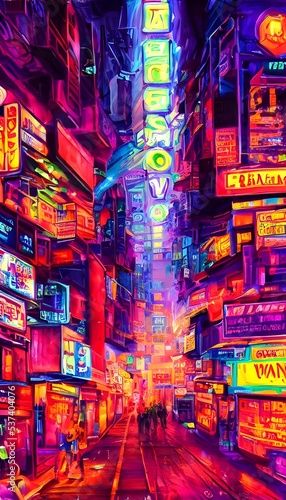 A city street at night is alive with color. Neon signs in a myriad of colors light up the streets  and people are out enjoying the nightlife. The air is electric with excitement