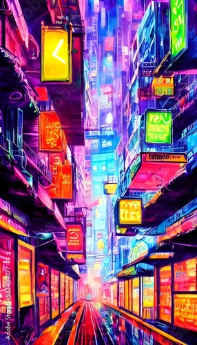 I'm walking down the city street at night and all around me are colorful neon lights. They're so bright that they almost hurt my eyes. I see people walking and driving by, but everything feels surreal