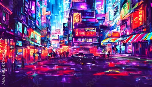 I m walking down the city street at night and everything is lit up with colorful neon lights.