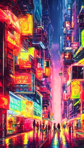 I'm standing on a busy city street at night. The air is electric with the bright colors of neon signs advertising everything from restaurants to nightclubs.