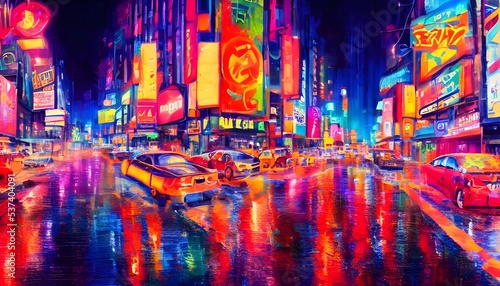 She walks down the city street at night, past all of the colorful neon lights.