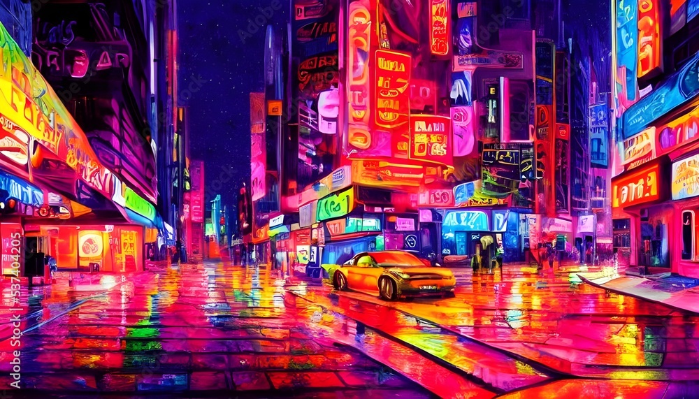 The city street is busy at night with people milling around and cars honking. The colorful neon signs light up the dark sky and make the buildings look like they're alive.