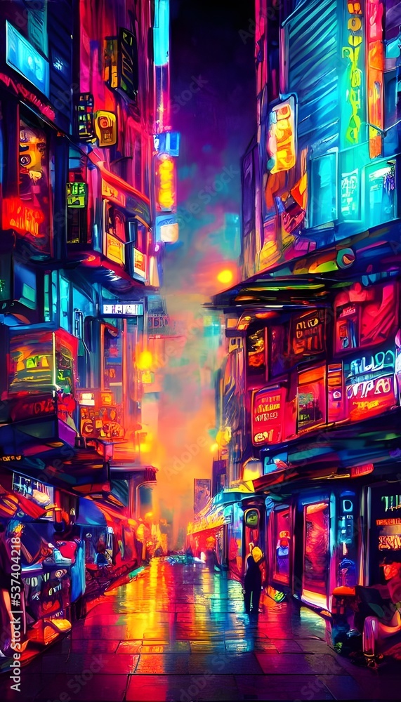 It's a city street at night and the neon lights are shining brightly in every color.