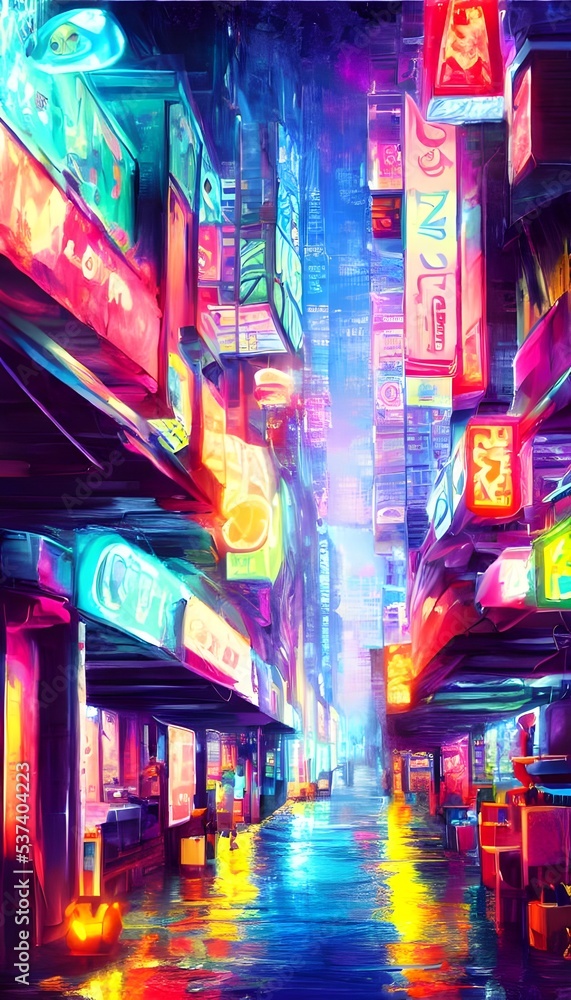 I'm walking down the city street at night and everything is alive with color. The neon lights reflect off the wet pavement and tint everything in a surreal glow.