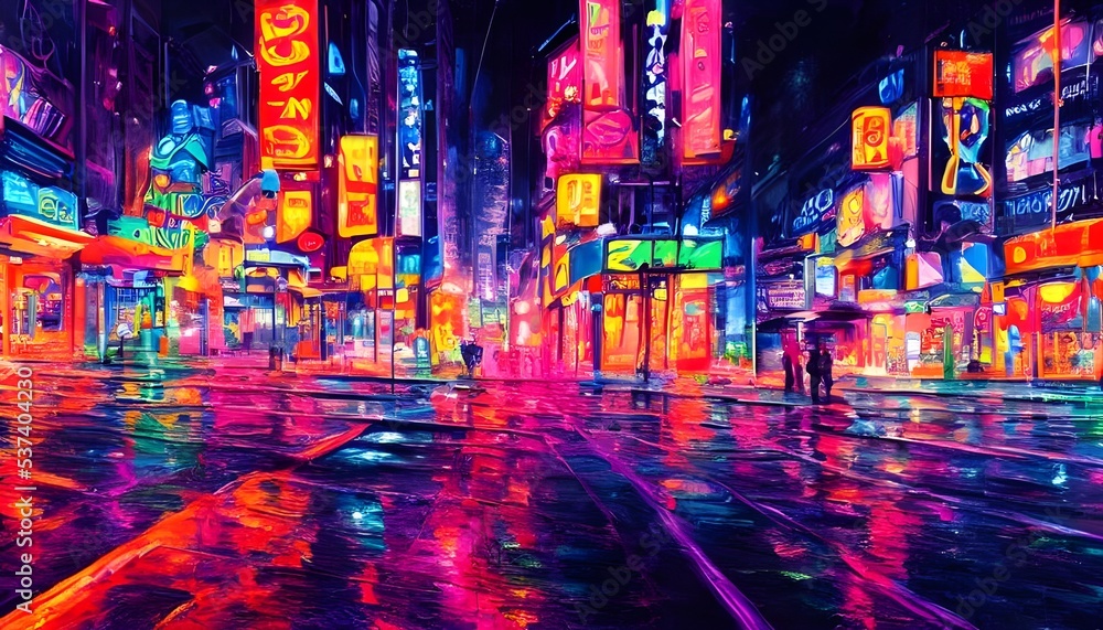 The city street at night is full of color from the neon lights. They create a bright and lively atmosphere that makes the night seem alive.
