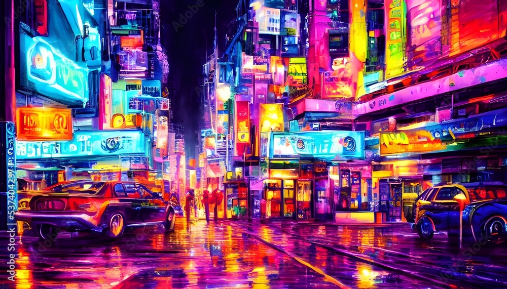 A city street at night is alive with color. Neon signs in a rainbow of hues light up the darkness, and the reflections dance on the wet pavement.