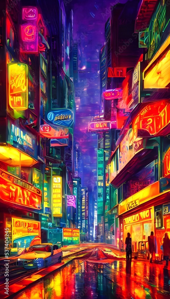 I'm walking down a city street at night. The neon lights are bright and colorful, and they reflect off the wet pavement. I can hear the sound of cars honking and people talking as they walk past me.