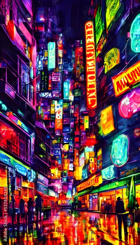 I'm standing on the pavement of a busy city street at night. The air is alive with the colorful neon lights of signs and billboards overhead. Tall buildings rise up around me, their windows glowing ye