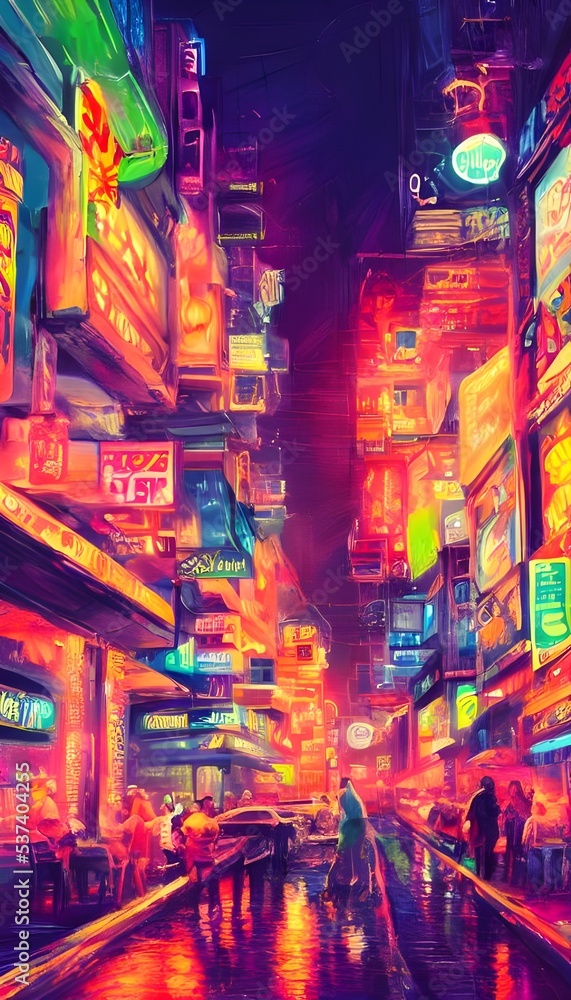 The city street at night is full of color and light. The neon signs are bright and the people are out enjoying the nightlife.