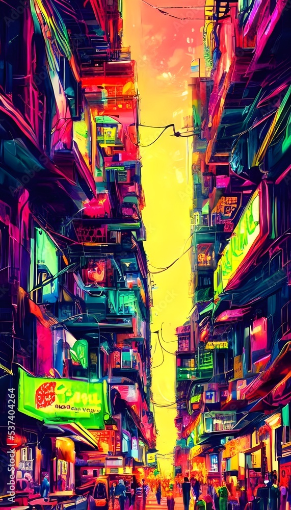 A city street at night is full of color and light from the neon signs. Cars pass by, their headlights adding to the brightness of the scene. The air is electric with possibility.