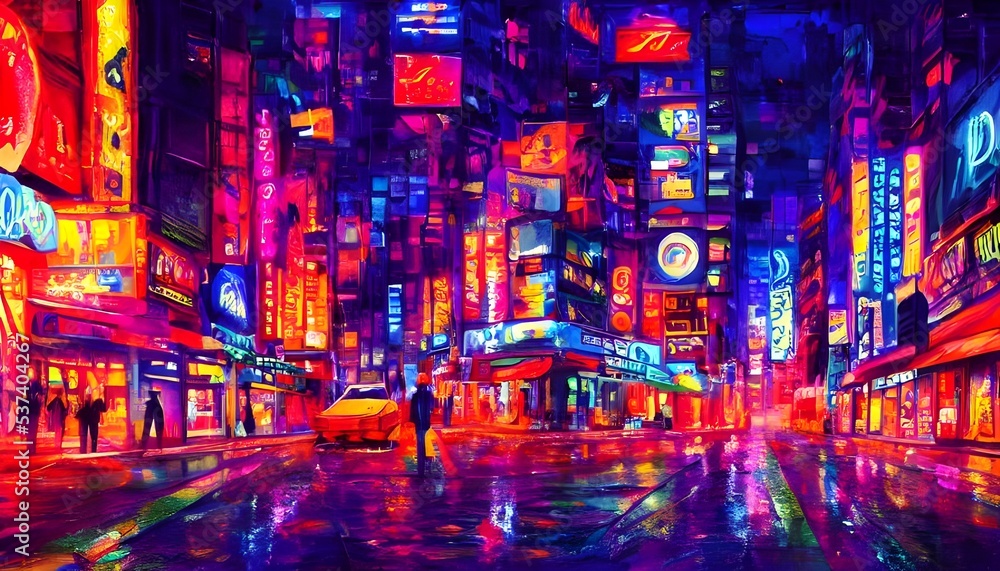 Vibrant colors light up the dark night sky as cars zip by on the busy city street.