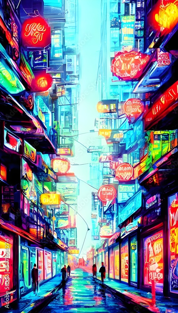 Fototapeta premium I'm standing in the middle of a city street at night and there are colorful neon lights everywhere. They're so bright that they almost hurt my eyes.