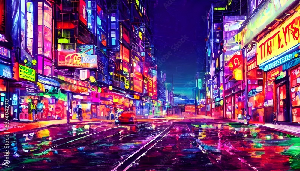 The city street is alive with color at night. Neon signs light up the way, revealing a path full of excitement and adventure. The city street is alive with color at night. Neon signs light up the way, revealing a path full of excitement and adventure.