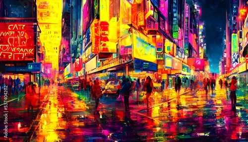 I'm standing on a city street at night. The air is thick with the smell of exhaust and frying food. Colorful neon signs illuminate the sidewalks, casting shadows that dance in bizarre patterns as cars