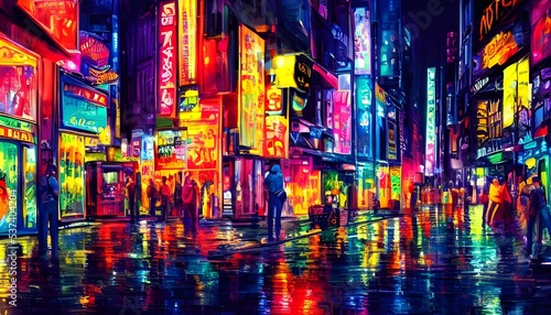 I'm walking down a city street at night and the neon lights are so bright and colorful.
