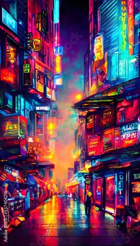 It's a city street at night and the neon lights are shining brightly in every color.